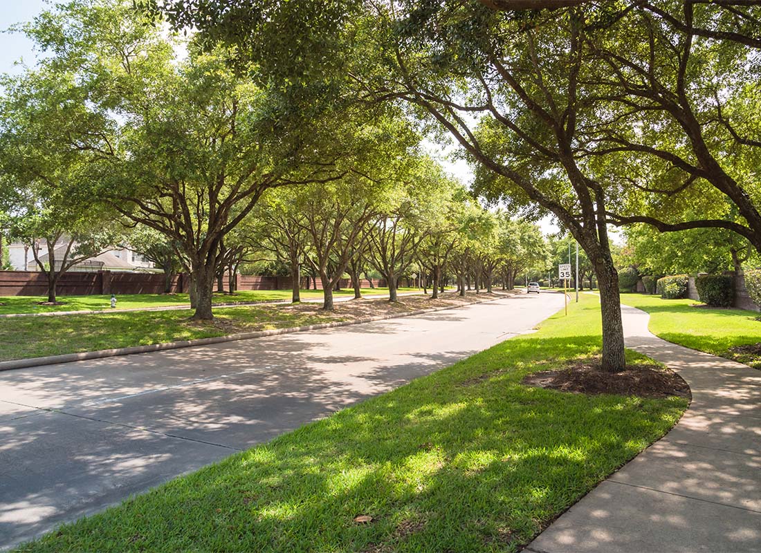 We Are Independent - Scenic View of a Quiet Residential Neighborhood in Katy Texas with Bright Green Trees and Grass on a Sunny Day