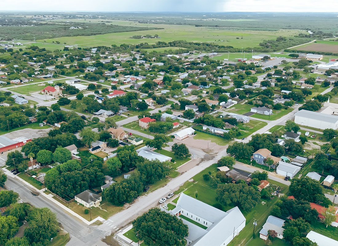 Manvel, TX - Agriculture Agro-Town With Residential Houses, Church Buildings, Small Local Business Surrounding by Large Farmland Ranch